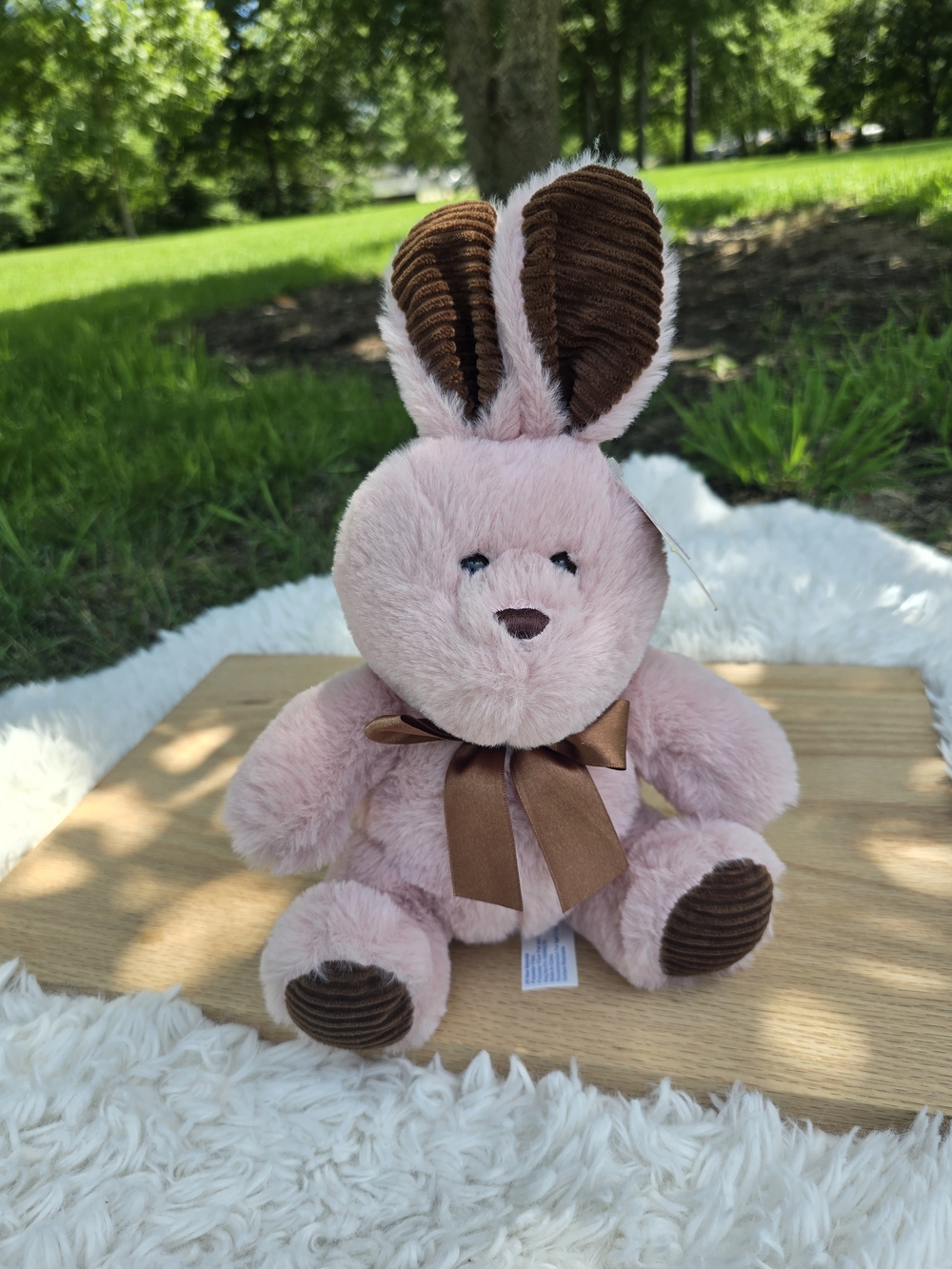 Plush Pink Bunny Stuffed Animal with Brown Accents